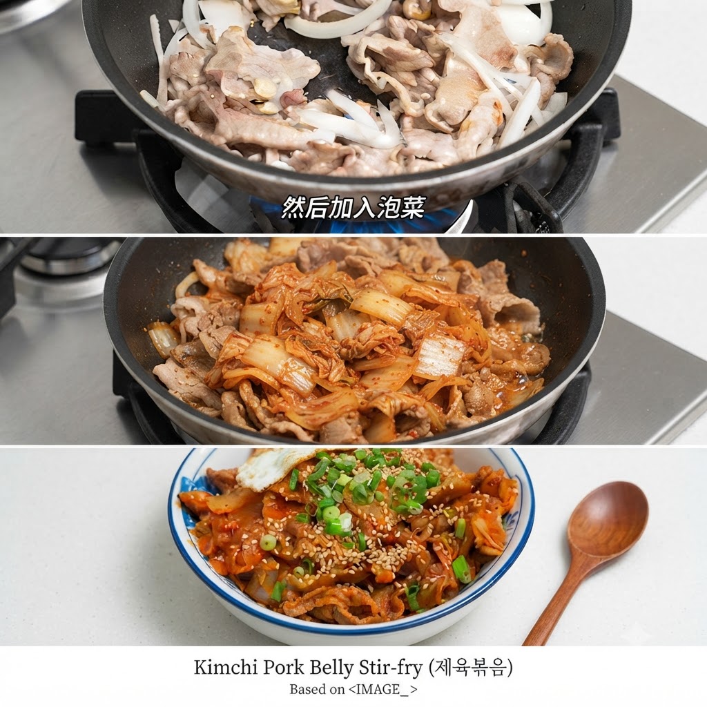 Kawałki kimchi i czerwony sok wlane na wieprzowinę i cebulę na patelni.