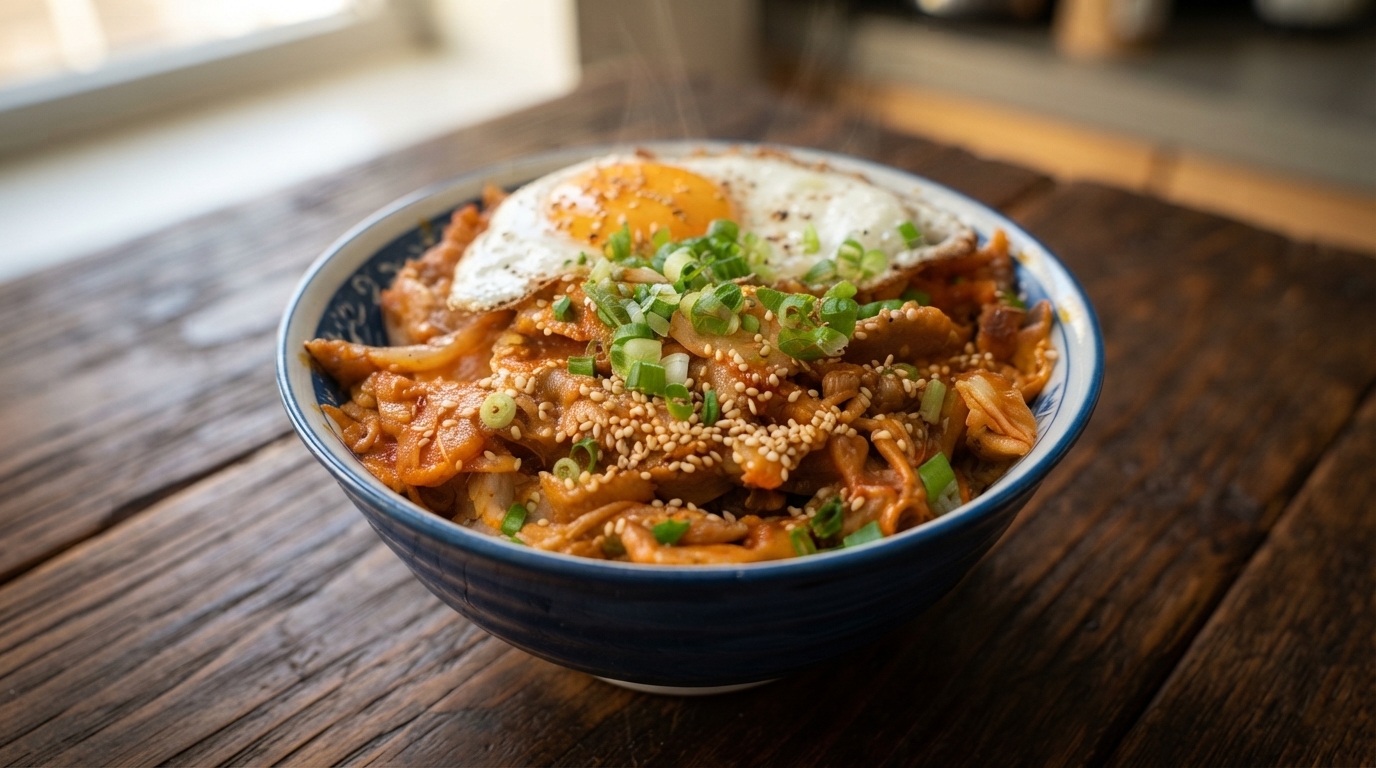 Pyszna miska ryżu z wieprzowiną i kimchi (Kimchi Dubap)