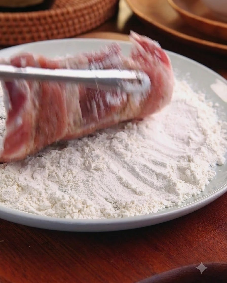 Surowy kotlet wieprzowy obtoczony w mące, podnoszony szczypcami z talerza.