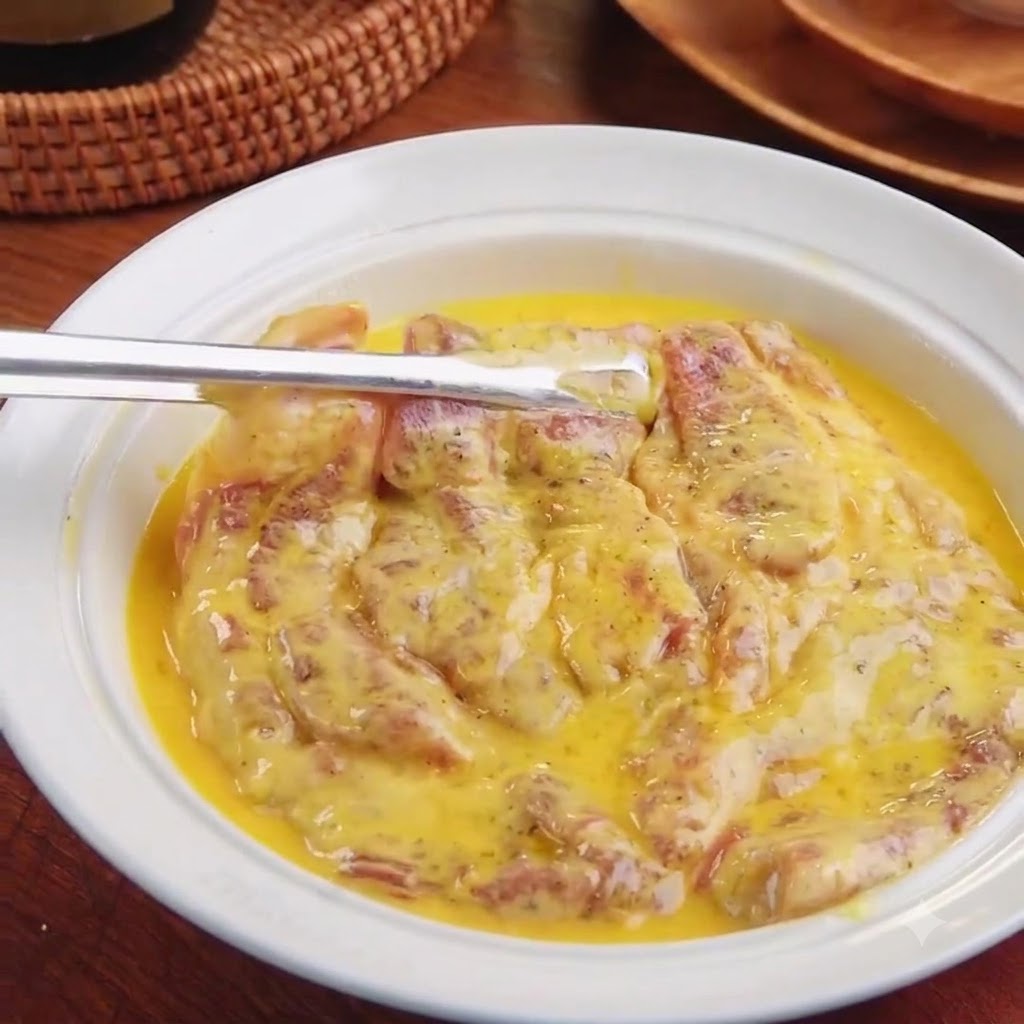 Kotlet wieprzowy w mące zanurzany w płytkiej misce z roztrzepanym żółtym jajkiem.