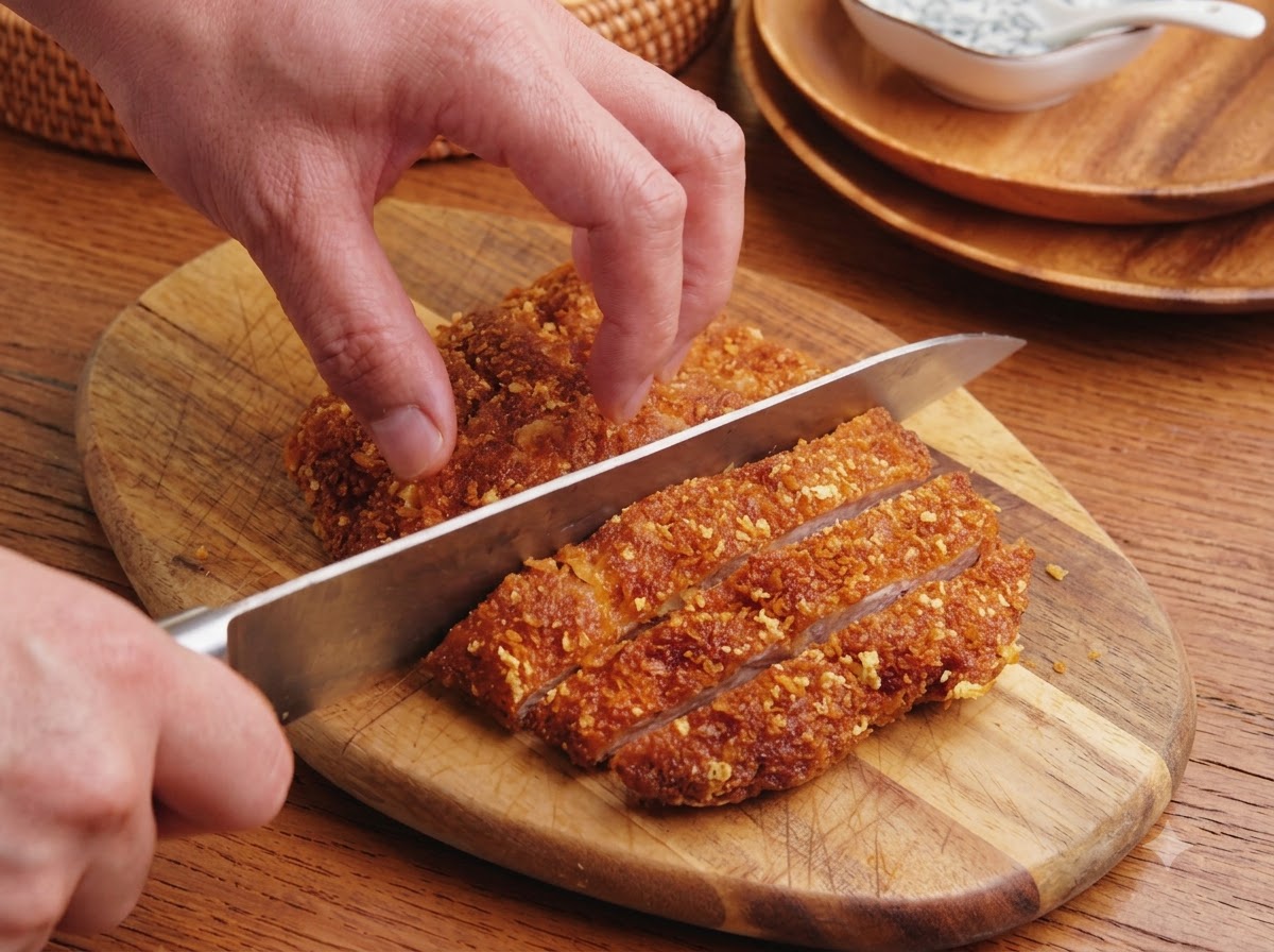 Szef kuchni krojący złocisty kotlet na grube paski na drewnianej desce.