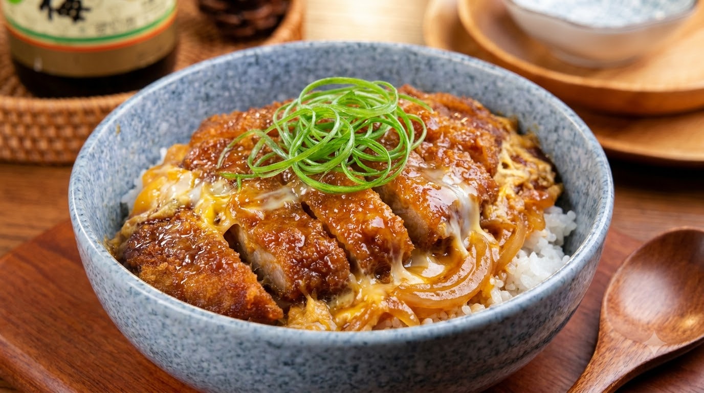 Klasyczny japoński Katsudon (Miska ryżu z wieprzowiną)