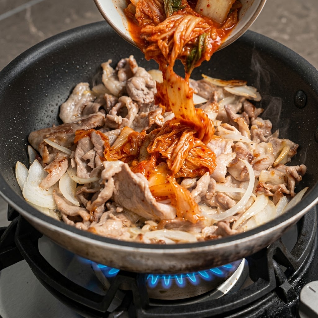 Czerwone, sfermentowane kimchi wraz z sokiem wlewane z miski na patelnię ze smażącą się wieprzowiną i cebulą.