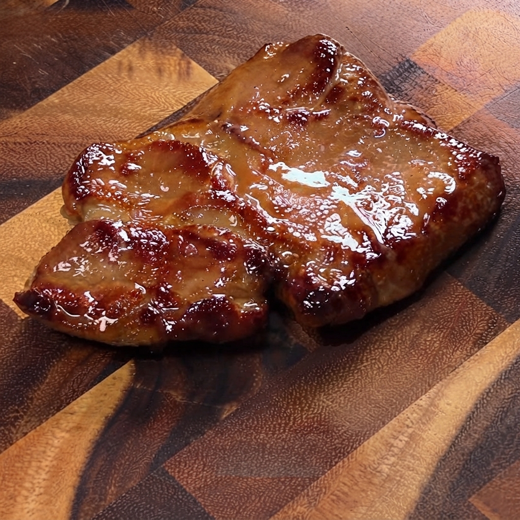 Uspokojony, karmelizowany kotlet schabowy spoczywający na drewnianej desce do krojenia, gotowy do pokrojenia.