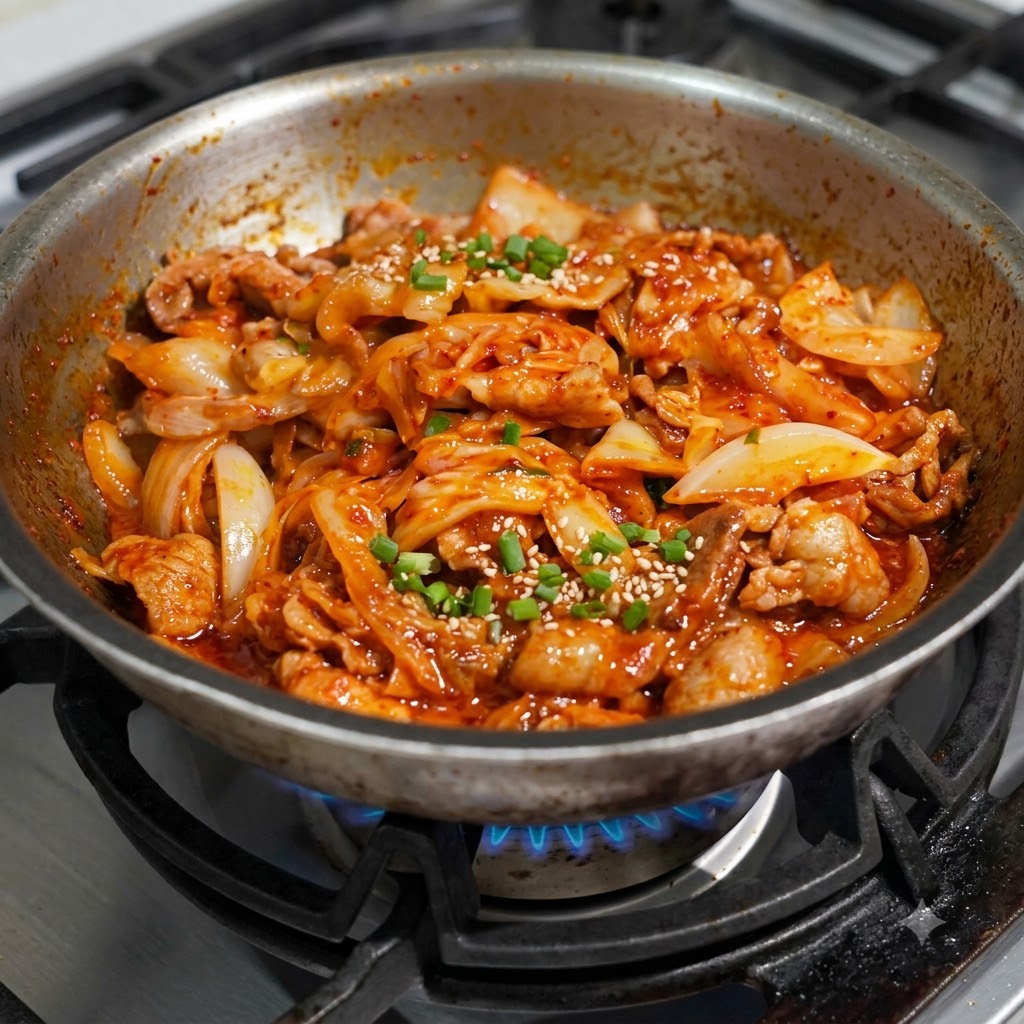 Posiekane kimchi wymieszane z wieprzowiną i cebulą na patelni.