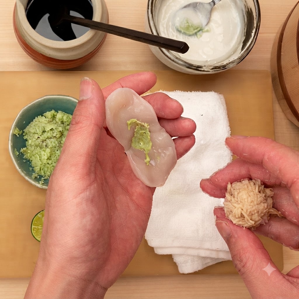 Dłonie trzymające nacięty plaster surowego przegrzebka z wasabi w jednej dłoni i przygotowaną kulkę ryżu do sushi w drugiej.