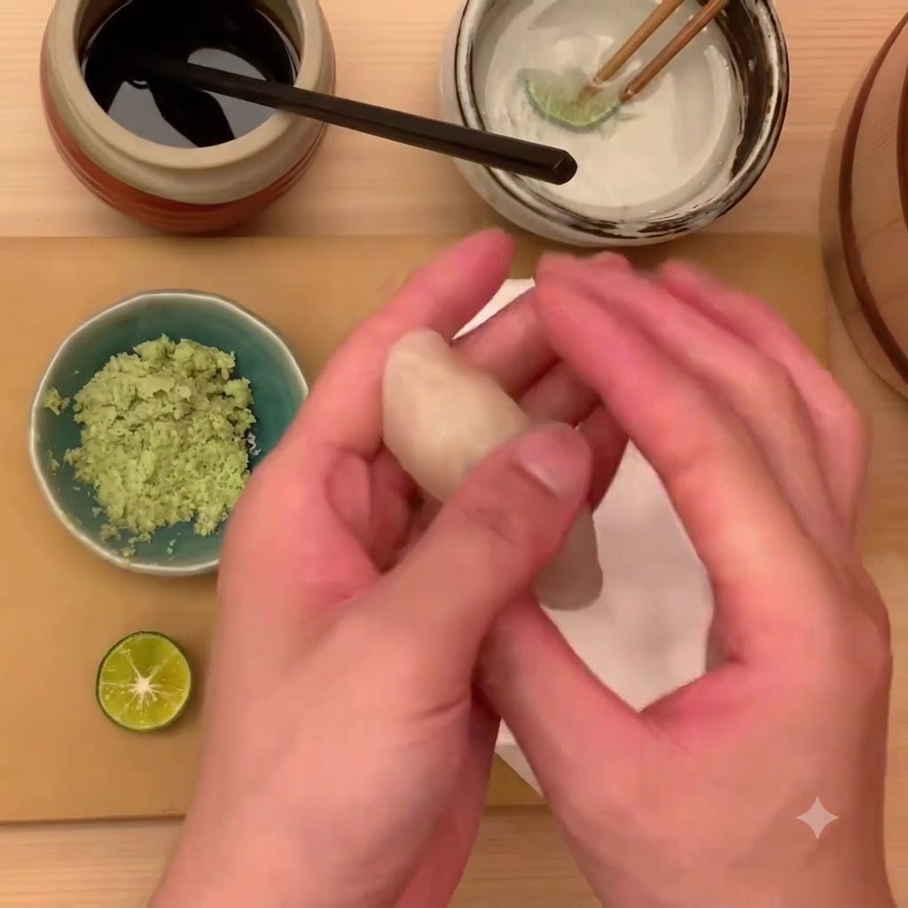 Dłonie formujące i łączące kawałek sushi z przegrzebkiem na białej, materiałowej powierzchni.