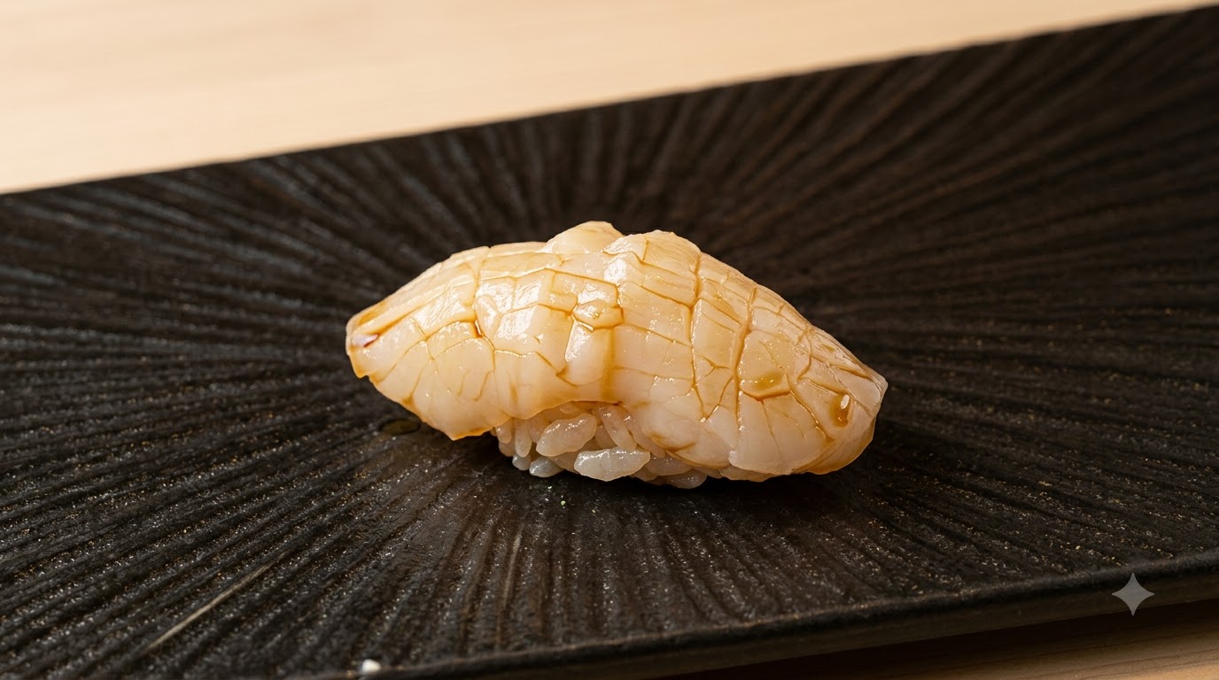 Świeże nigiri z przegrzebkiem na ciemnym, teksturowanym talerzu, posmarowane sosem sojowym i wykończone sudachi.