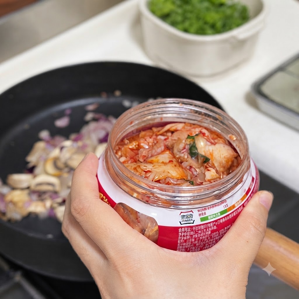 Ręka trzymająca słoik z kimchi nad patelnią zawierającą pokrojone pieczarki i cebulę, z dodatkiem koreańskiego ostrego sosu i sosu sojowego.