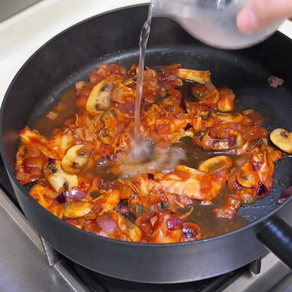 Odrobina wody wlewana z pojemnika do patelni zawierającej mieszankę kimchi, pieczarek i cebuli.