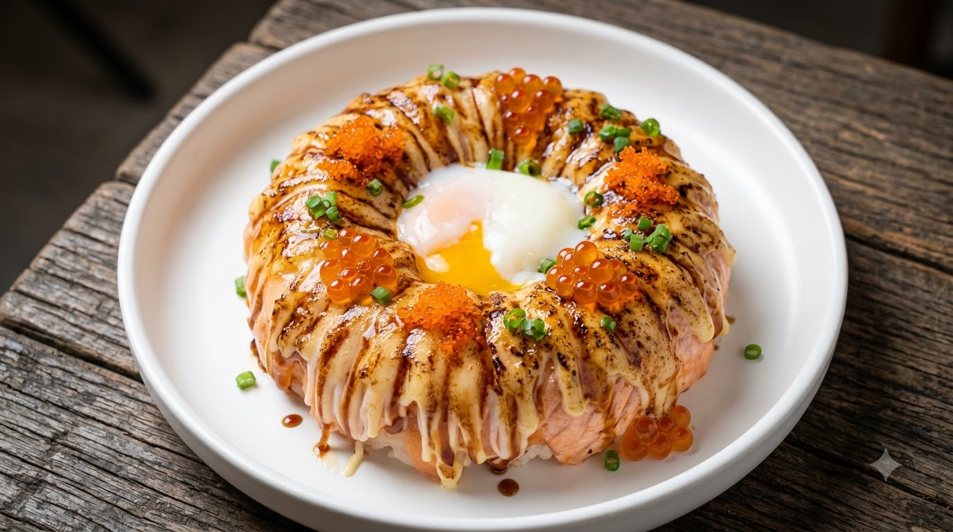 Miska Ryżu z Opalanym Łososiem w Stylu Wulkanu