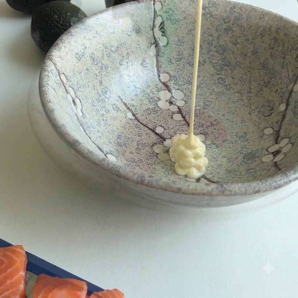 Majonez wyciskany na środek wzorzystej ceramicznej miski z innymi składnikami w pobliżu.