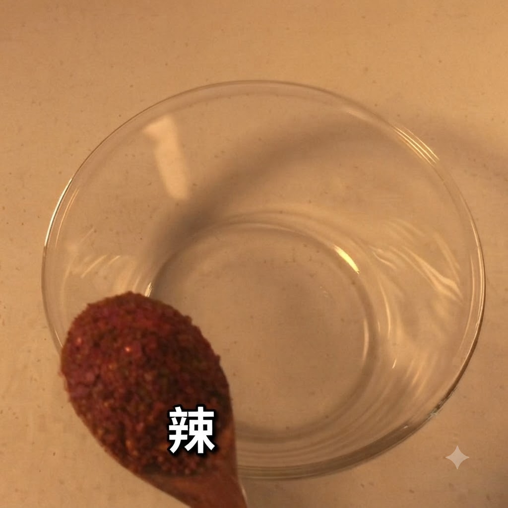 Łyżka gruboziarnistego, czerwonego chili w proszku trzymana nad pustą szklaną miską.