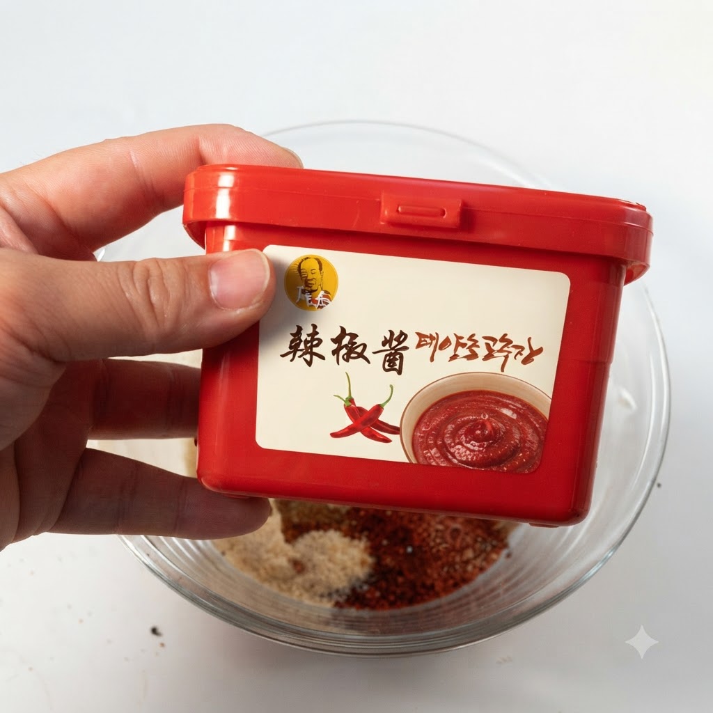 Dłoń trzymająca czerwone opakowanie koreańskiej pasty chili nad miską z przyprawami.