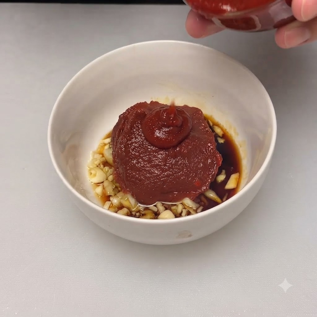 Duża porcja gęstej czerwonej pasty chili spoczywająca na środku miski do mieszania.
