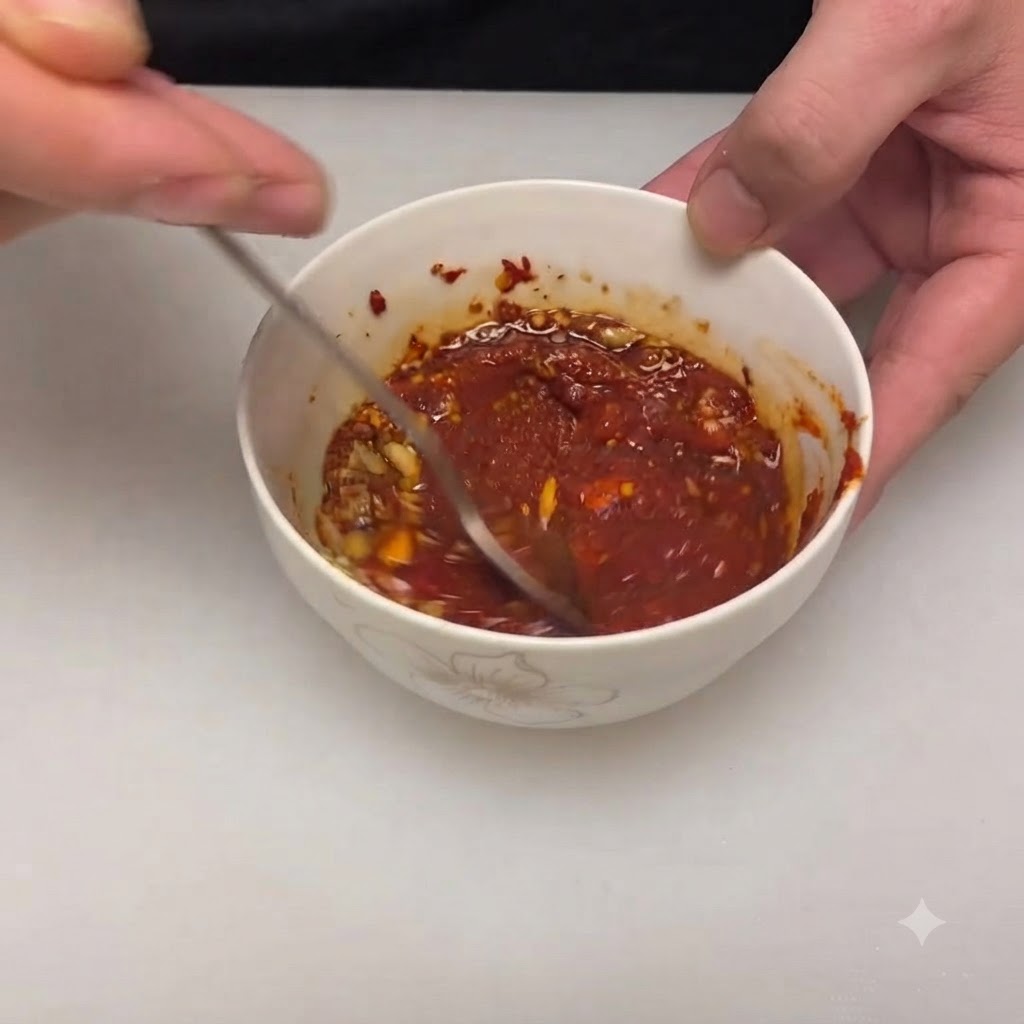 Łyżka mieszająca bogaty, gęsty czerwony sos chili wewnątrz miski.