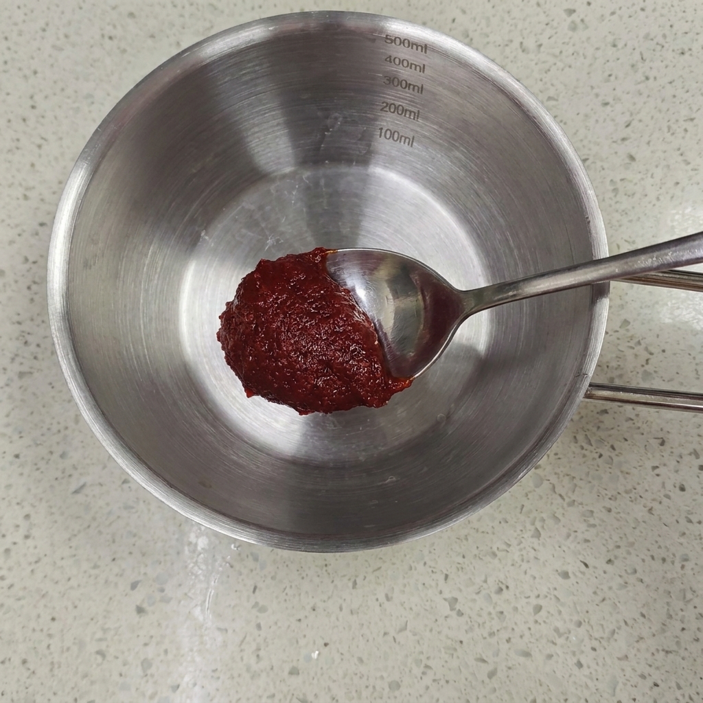 Łyżka czerwonej pasty chili trzymana nad miską ze stali nierdzewnej z oznaczeniami miarki na boku.