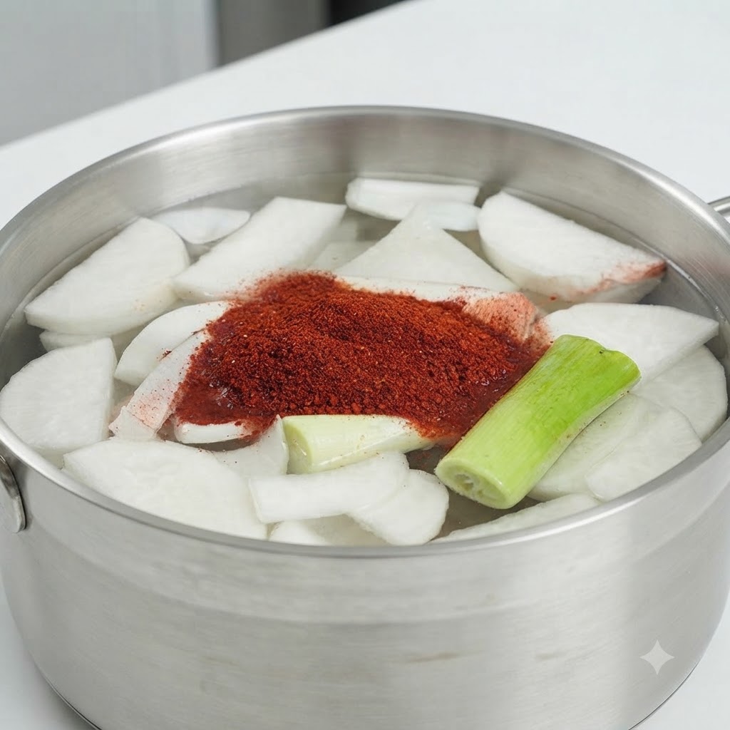 Garnek z bulionem warzywnym wypełniony plastrami białej rzodkwi, zieloną cebulką oraz kopcem czerwonego proszku chili i koreańskiej pikantnej pasty.