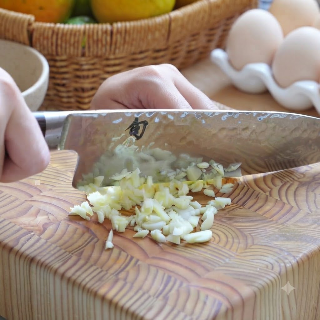 Ząbki czosnku drobno posiekane na desce do krojenia za pomocą noża szefa kuchni.