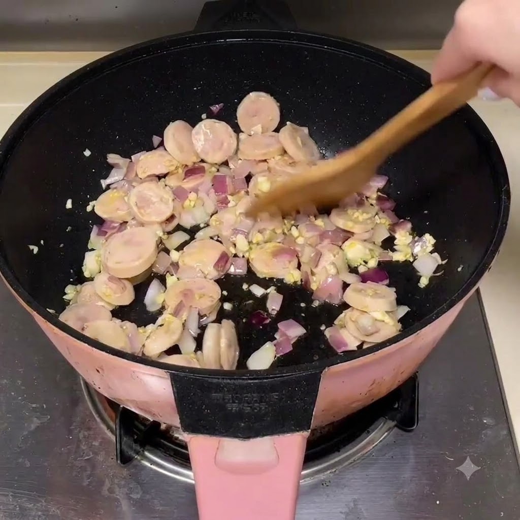 Plastry parówek mieszane z cebulą i czosnkiem na patelni za pomocą drewnianej łopatki.