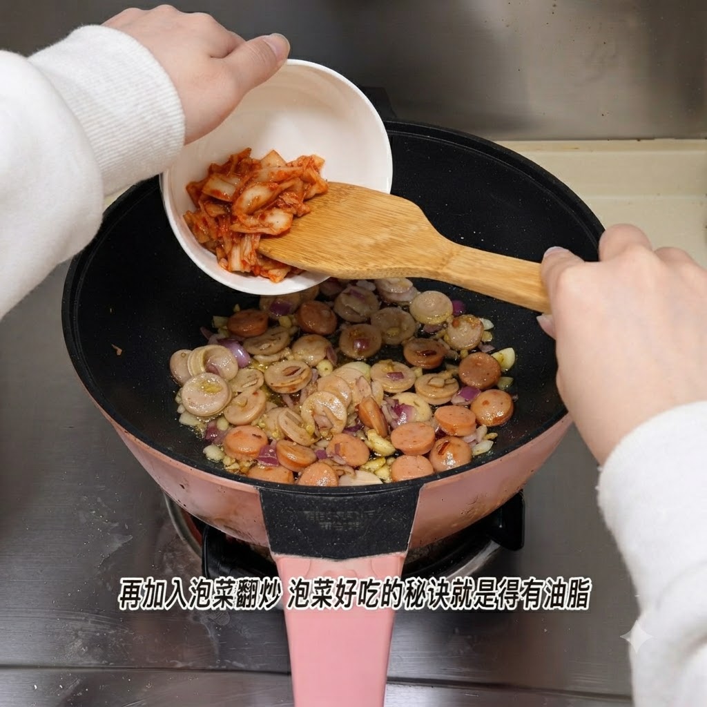 Kimchi wsypywane z małej białej miski na patelnię z parówkami i cebulą.