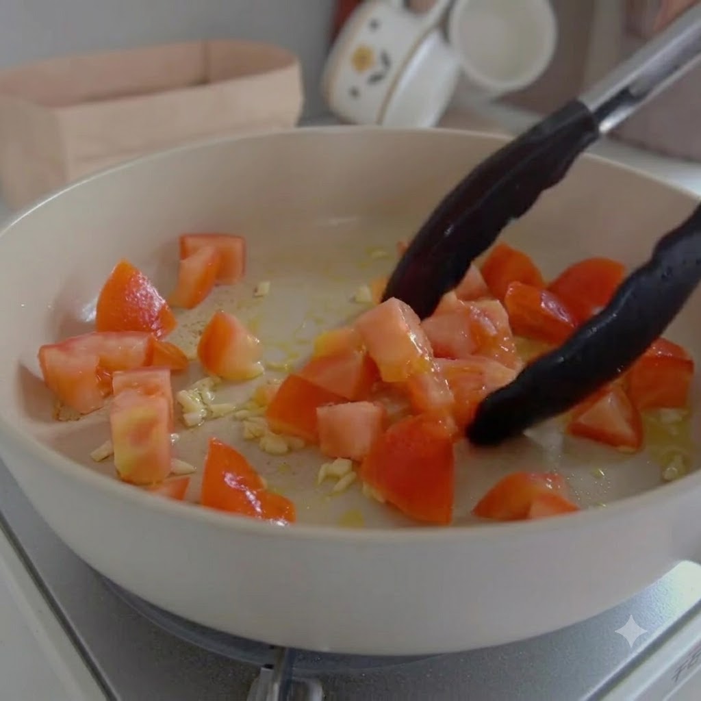 Pokrojone pomidory, kimchi i plasterki kiełbasy smażone na białej patelni przy użyciu szczypiec kuchennych.