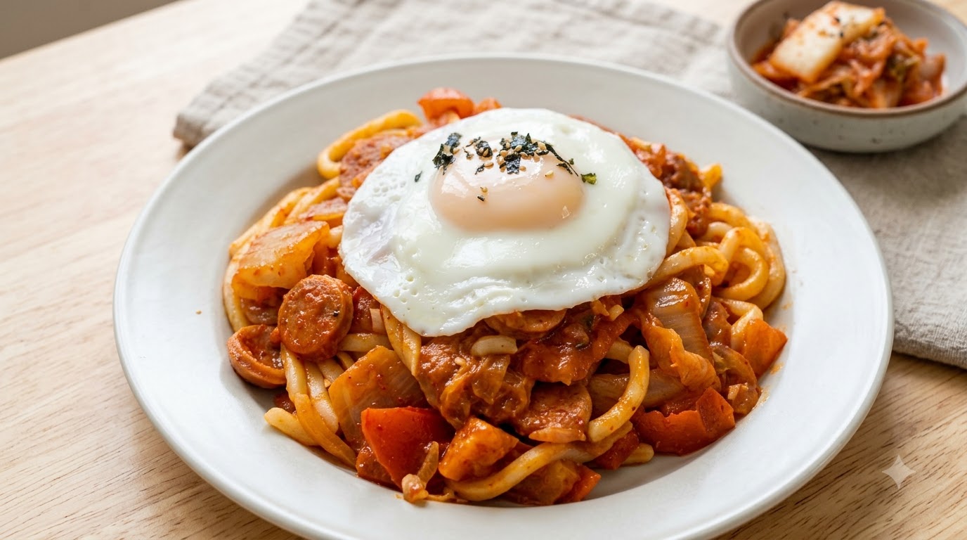 Smażony Udon z Kimchi i Kiełbasą