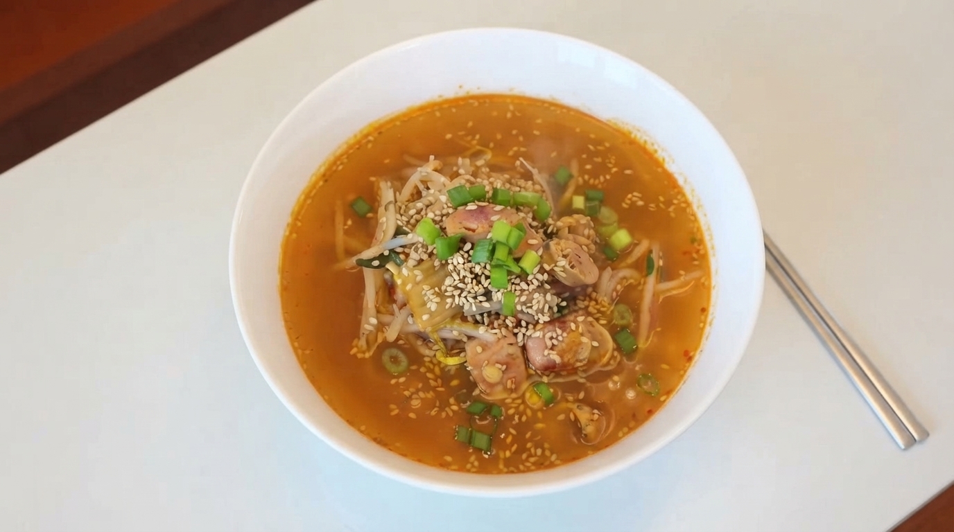 10-minutowa zupa z kimchi, kiełbasą i kiełkami