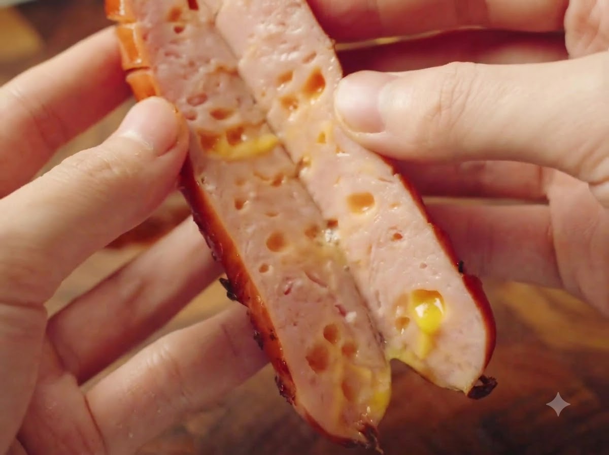 Świeżo ugotowana kiełbasa serowa przekrojona na pół, ukazująca roztopiony żółty ser w środku.