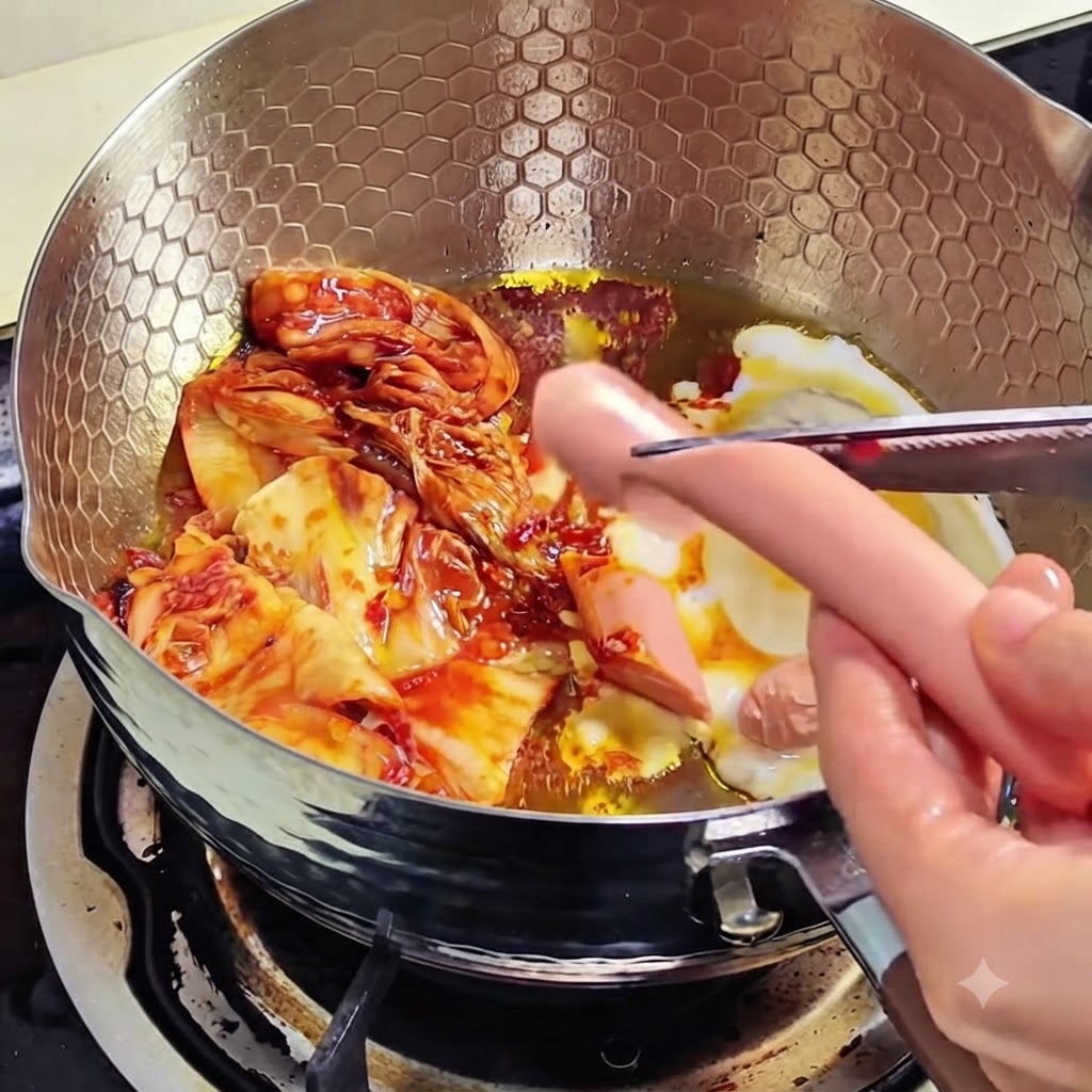 Kimchi smażące się na patelni z jajkiem i plasterkami kiełbasy.