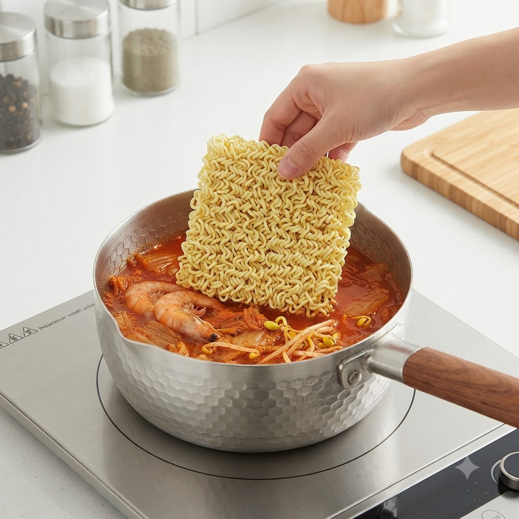 Makaron ramen wkładany do garnka z wrzącym bulionem, krewetkami i warzywami.