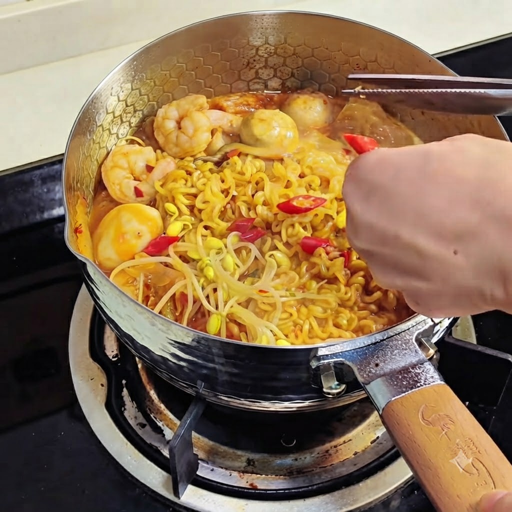 Posiekana czerwona papryczka chili i zielona cebulka posypywane na ugotowany makaron.