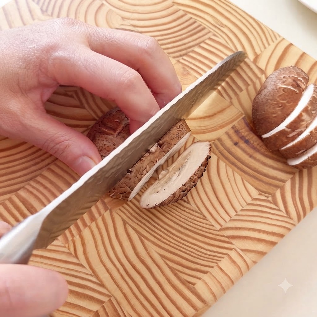 Grzyby shiitake i kiełbasa krojone na cienkie plasterki na drewnianej desce do krojenia za pomocą noża.