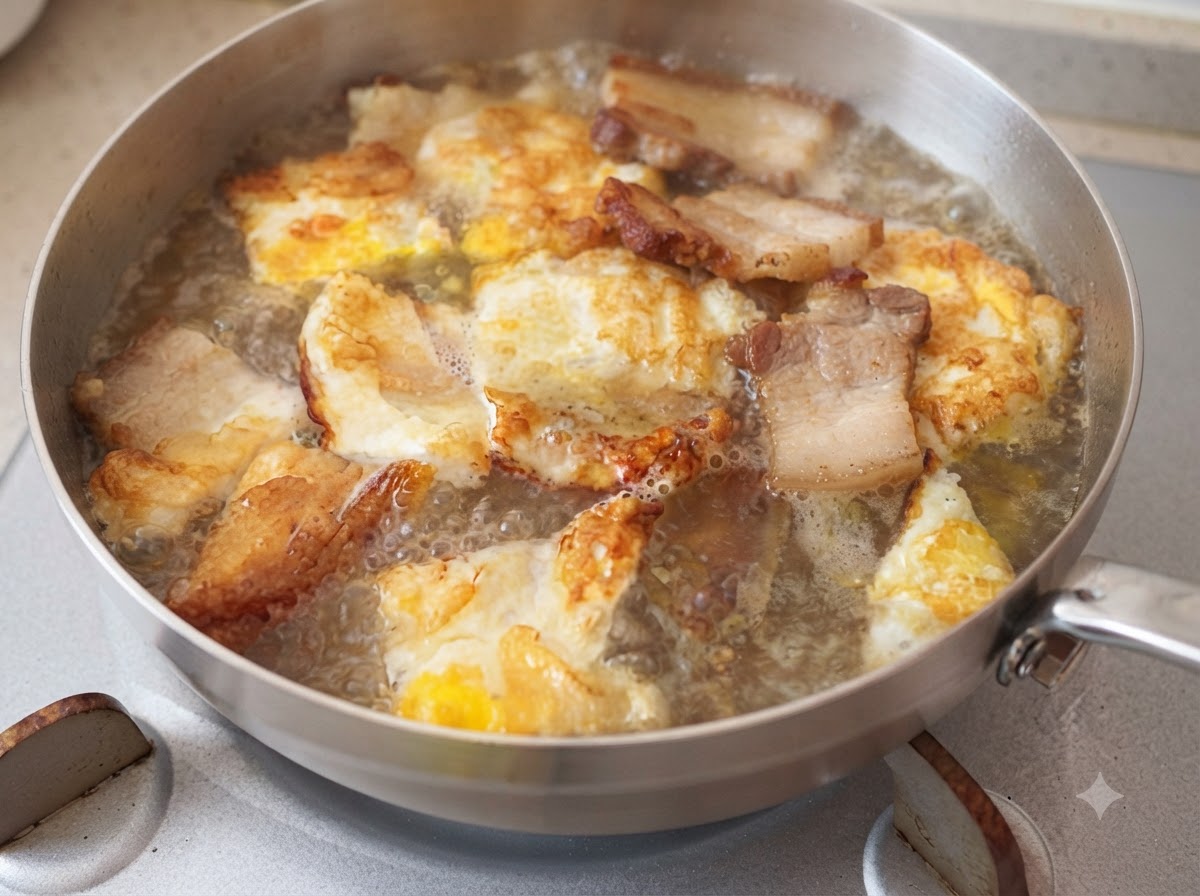 Pokrojone grzyby, wędlina i kawałki białego tofu umieszczane w garnku z bulionem.
