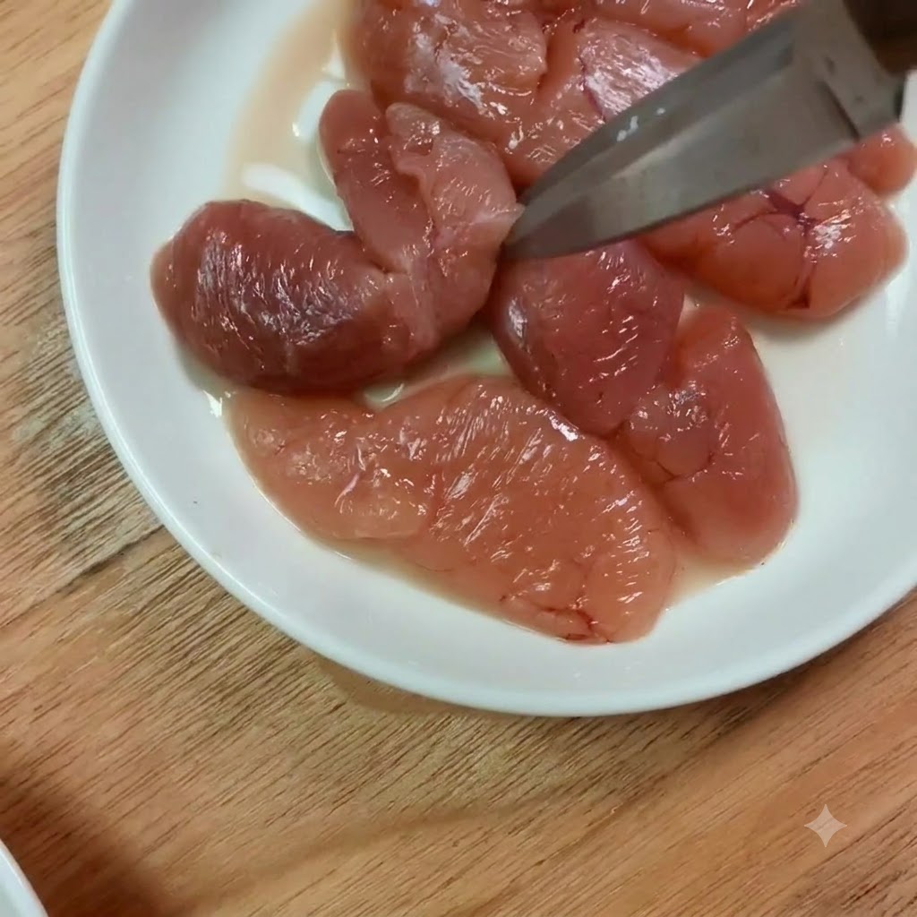 Kawałki ikry mintaja cięte na mniejsze porcje za pomocą nożyczek kuchennych na białym talerzu.
