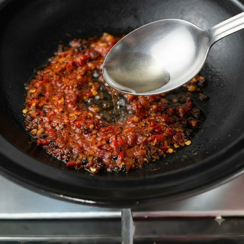 Woda wlewana z miarki do garnka zawierającego bazę z chili.