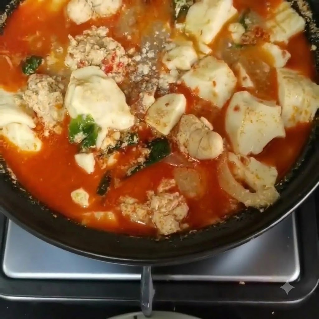 Pieprz w proszku posypywany na gotujący się garnek wypełniony ikrą mintaja, miękkim tofu i pikantną czerwoną zupą.