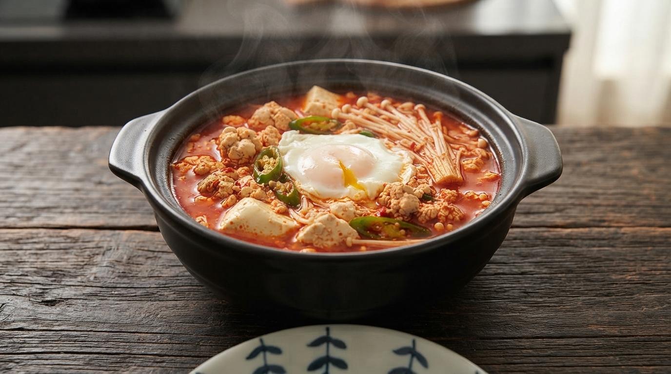 Pikantna koreańska zupa z ikrą mintaja i miękkim tofu (Myeongran Sundubu Jjigae)