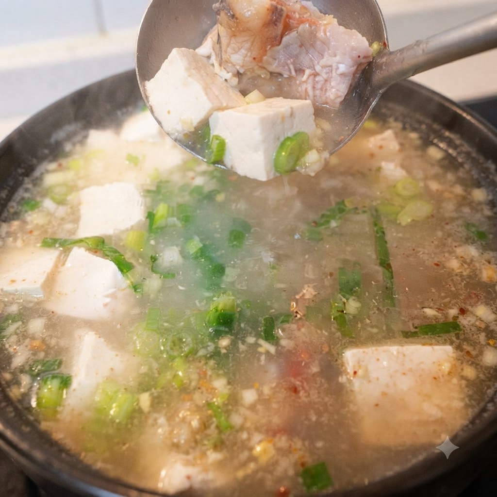 Kostki tofu wrzucane za pomocą chochelki do bulionującego garnka z zupą rybną.