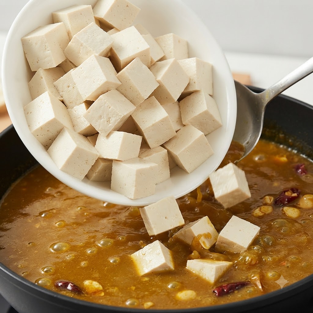 Kostki tofu wsypywane z białej miski do bulgoczącego bulionu zupy.
