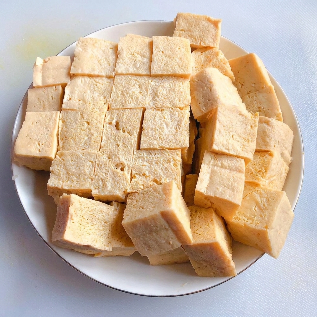 Talerz z pokrojonymi równo kostkami twardego tofu.
