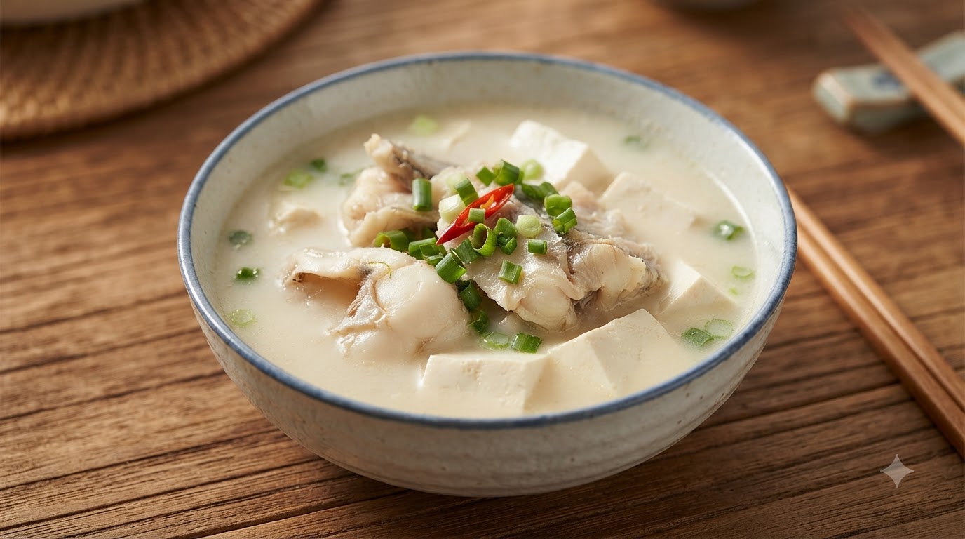 Klasyczna koreańska zupa z mintaja i tofu (Myeongtae Dubu Guk)