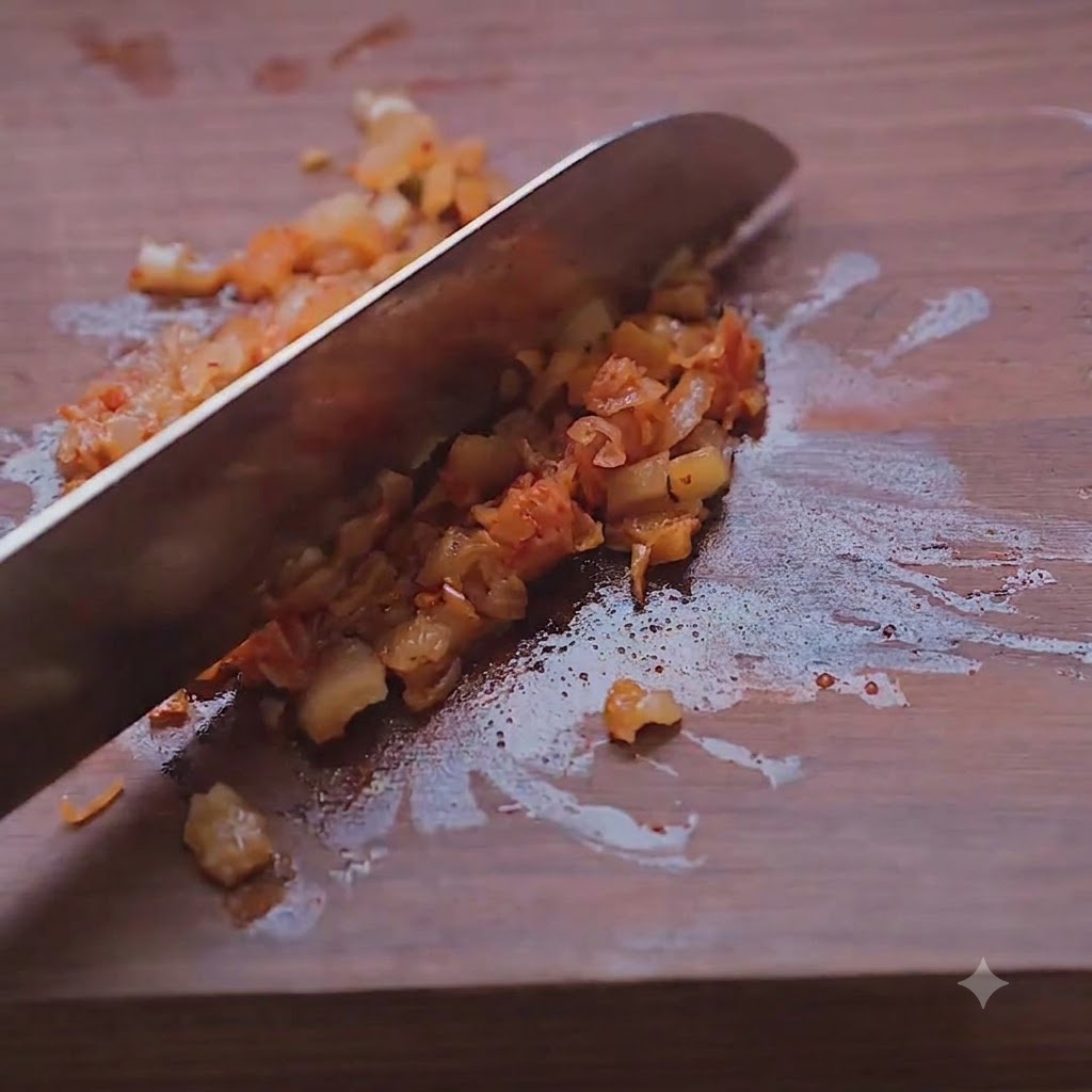 Drobno posiekane kimchi dodawane i mieszane z sałatką z tuńczyka.