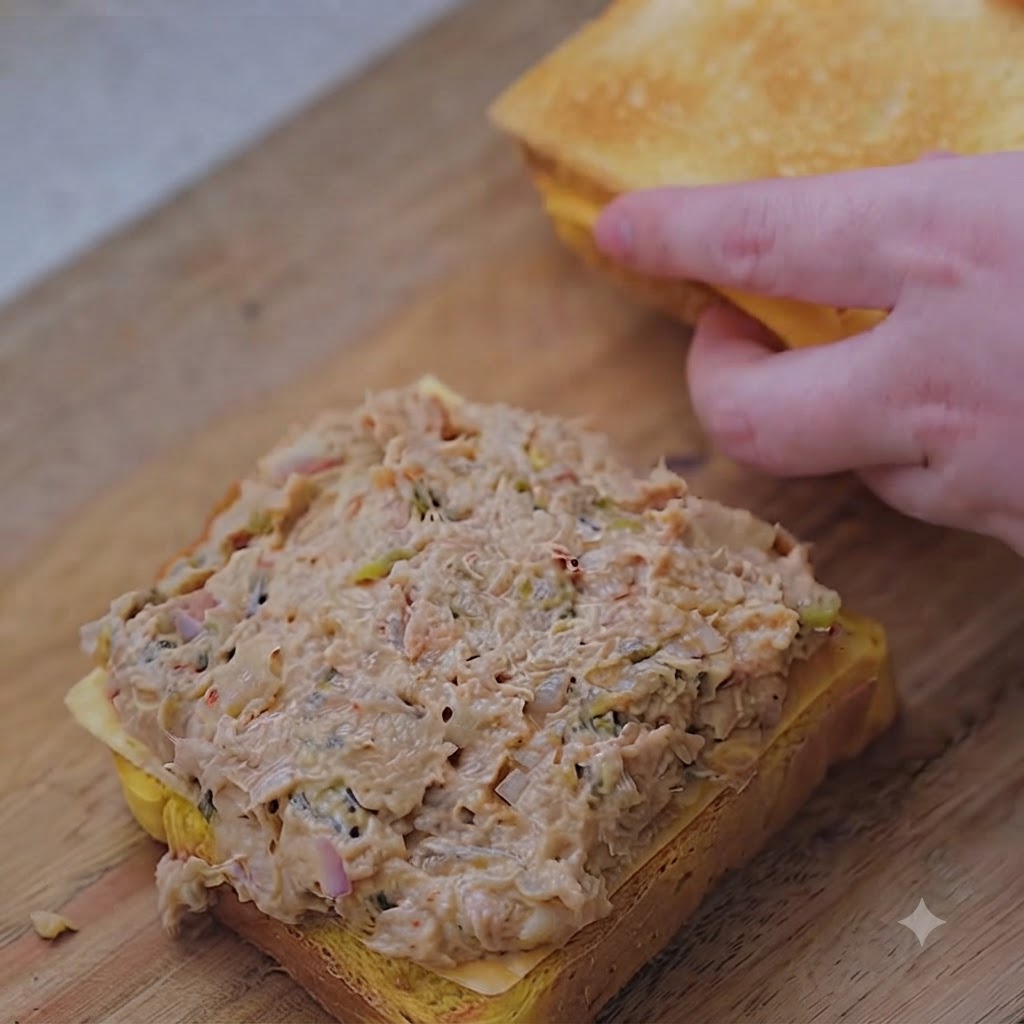 Dłoń nakładająca górną kromkę złocistego tosta na ułożone nadzienie z tuńczykiem i kimchi.