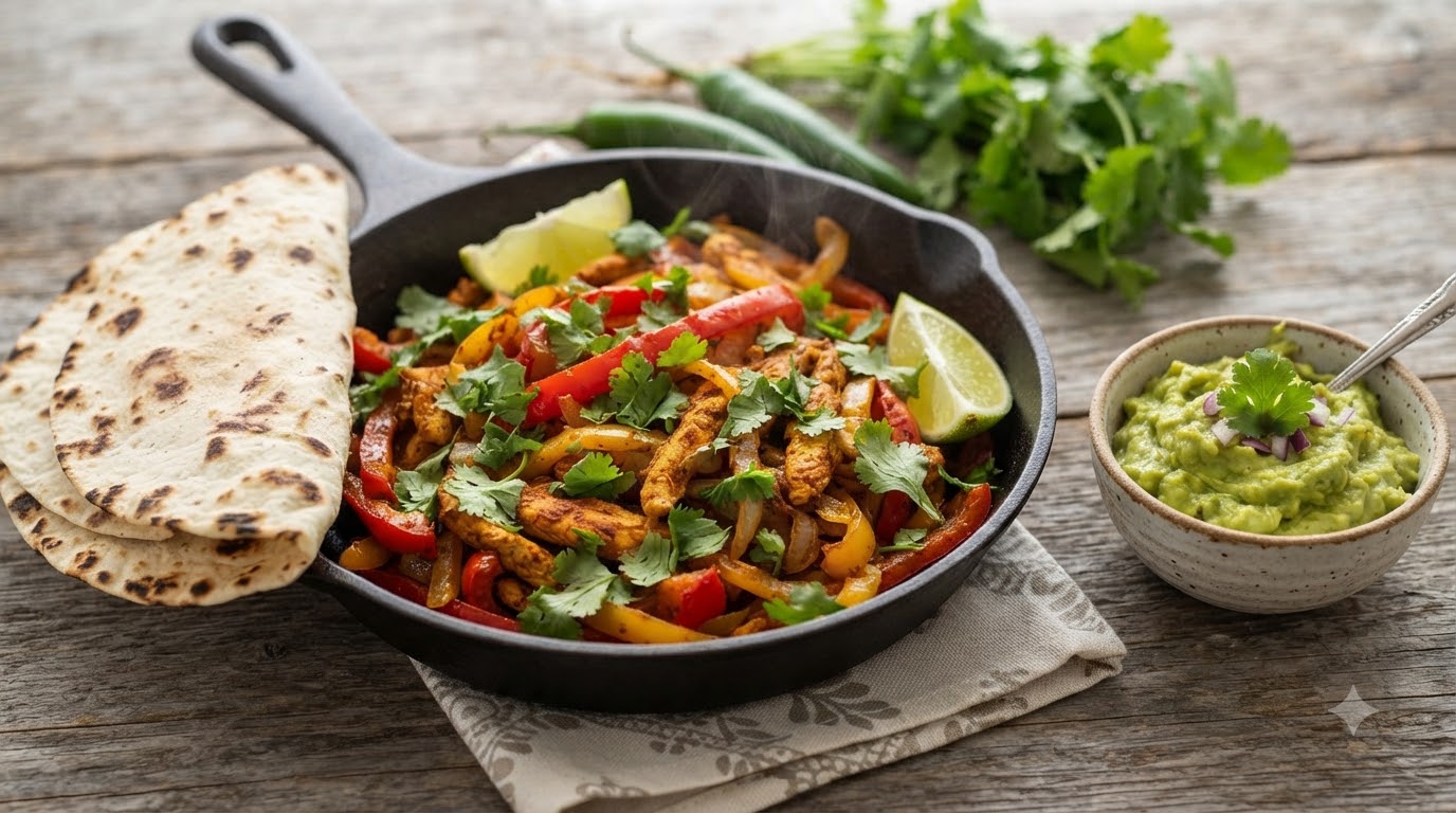 Klasyczne meksykańskie fajitas z kurczakiem i guacamole