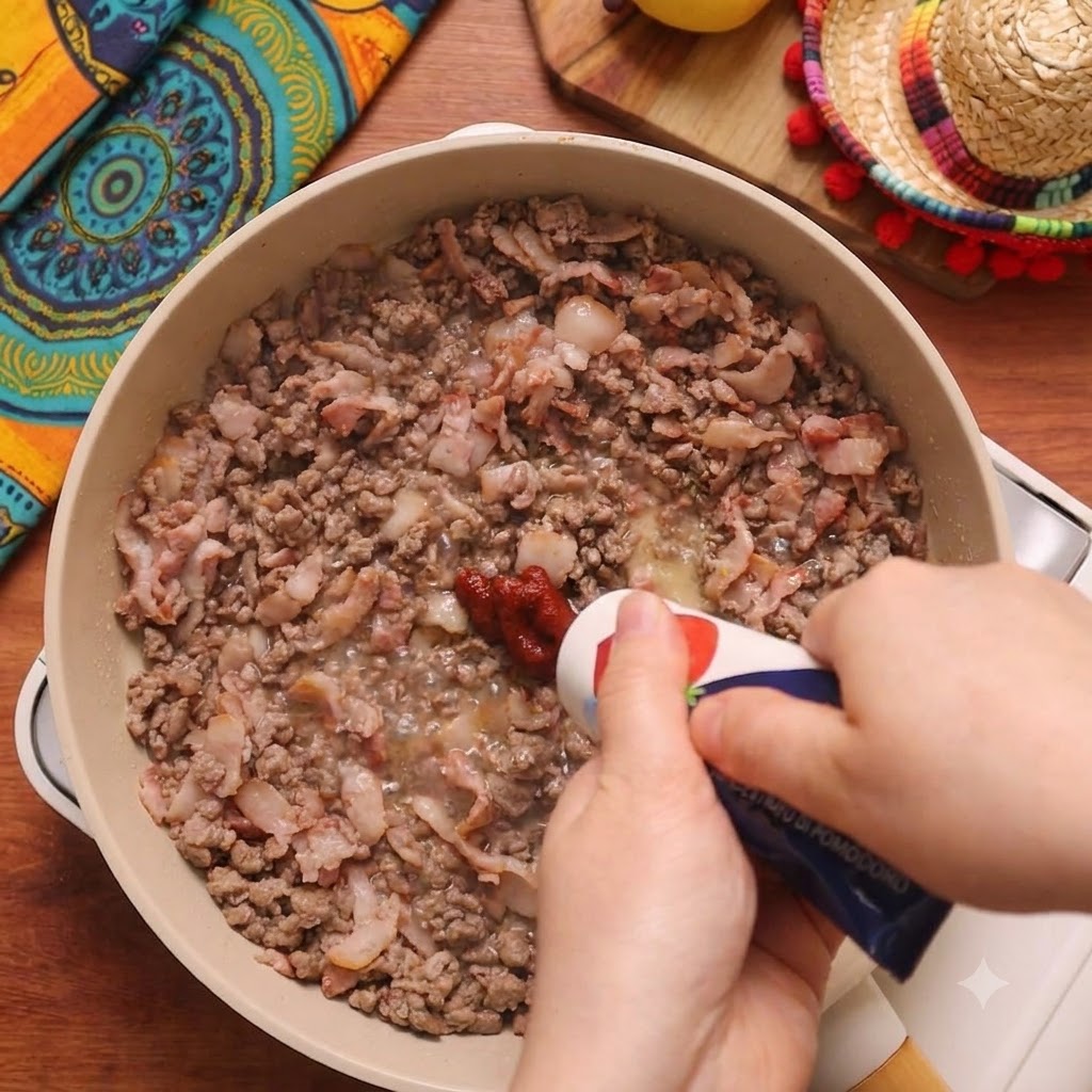 Pasta pomidorowa wyciskana z tubki do ugotowanej masy mięsnej na patelni.