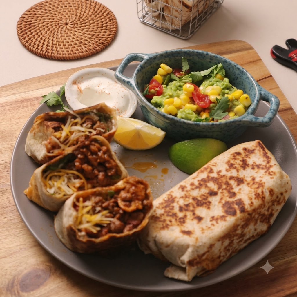 Pokrojone pomidory i słodka kukurydza posypane na farszu burrito.