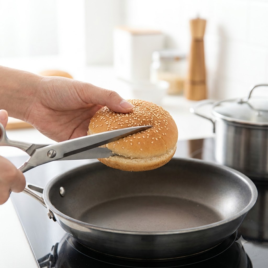 Podgrzana bułka do burgera przecinana za pomocą nożyczek.