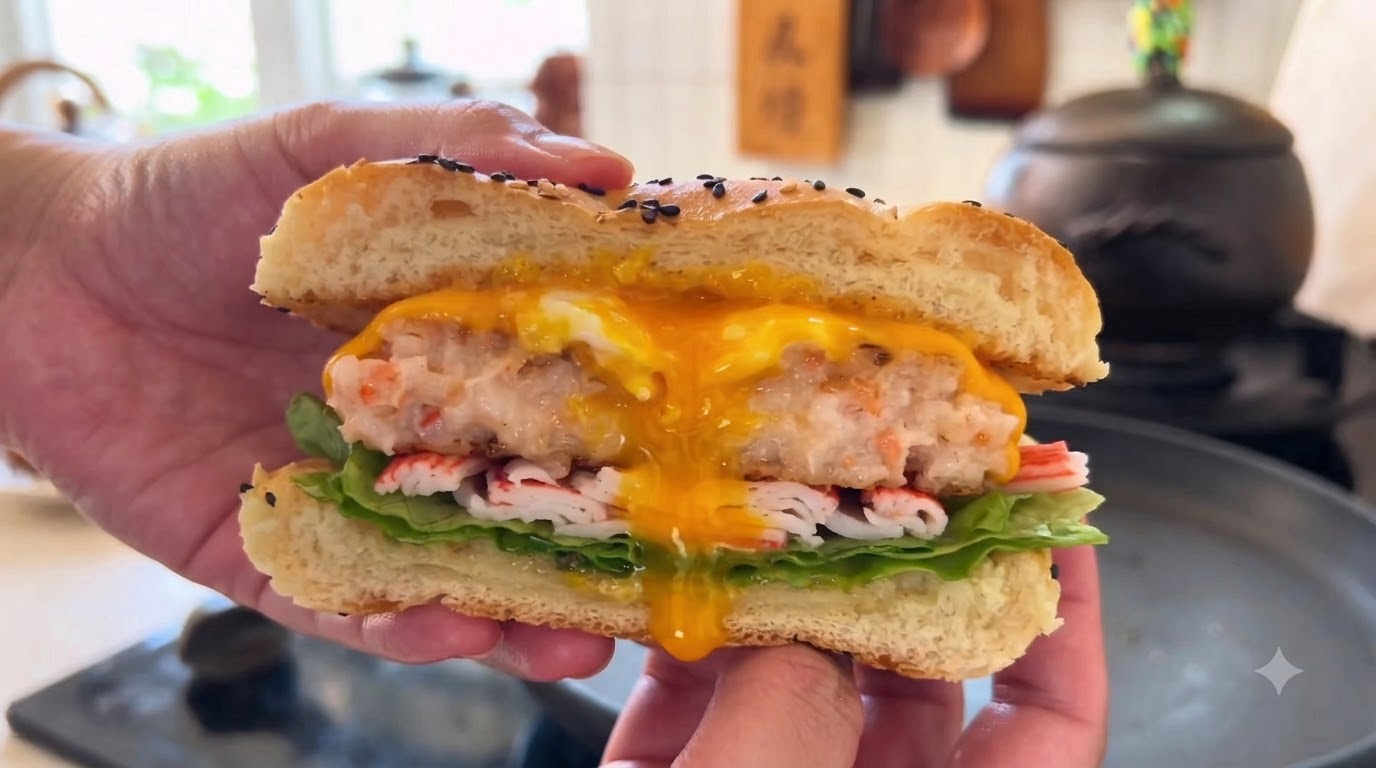 Burger z pastą krewetkową, paluszkami krabowymi i jajkiem