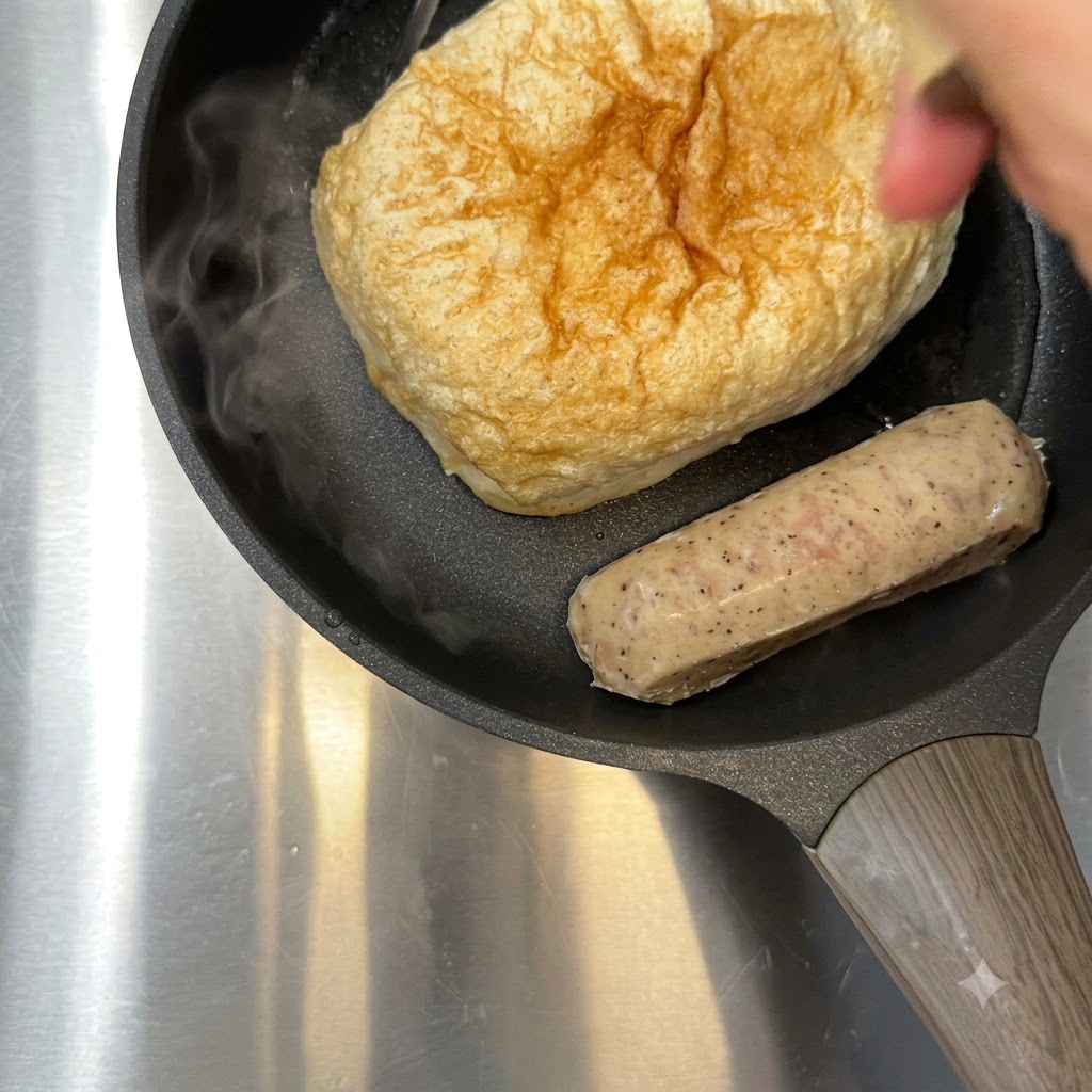 Wrząca woda wlewana do patelni obok ciabatty i kiełbasy.